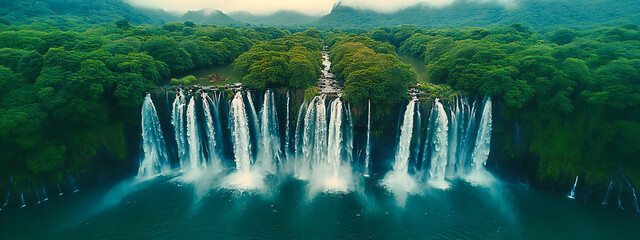 Tropical waterfall in a lush jungle, symbolizing the exotic beauty and hidden treasures of natures...