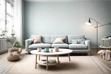 Envision a minimalist Scandinavian haven, adorned with a simple sofa and coffee table, a calming pastel color scheme, and an empty wall awaiting your personalized decor.