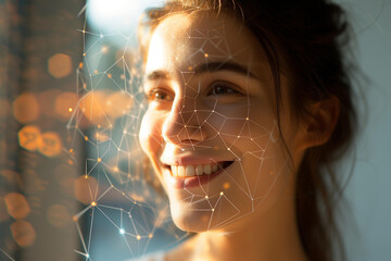 beautiful woman smiling face being recognized by facedetect algorithm, scanner of the volumetric-spatial shape of a person’s face