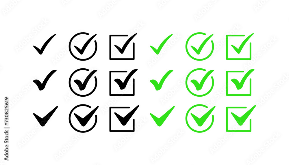 Poster check mark icon set. collection of checkmarks. silhouette and flat style. vector icons