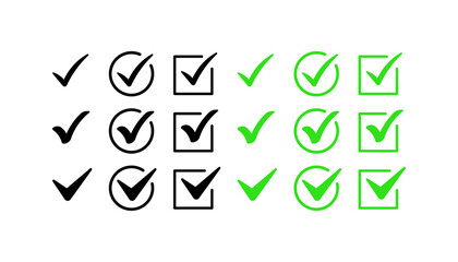 Check mark icon set. Collection of checkmarks. Silhouette and flat style. Vector icons