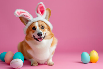 Fototapeta na wymiar corgi dog wearing easter bunny costume on a pastel pink studio background with easter eggs