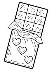Coloring page chocolate bar with hearts doodle. Dessert of love. Hand drawn vector illustration.