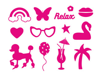 Glamorous trendy set of pink stickers. Cute stickers, objects isolated on white background.  palm tree, lips, flower, shoe, star, logo: collection in a minimalist style. for print, social network. png
