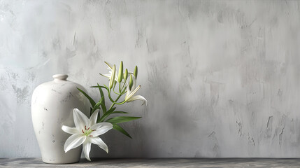 Funeral urn and lily flowers on gray wall background. Cremation, condolence, grieving card concept - 730826209