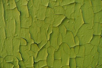 Texture of yellowish green peeling and cracking paint on the wall