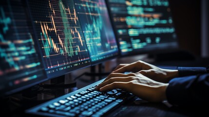 Financial analyst deeply focused on analyzing fluctuating stock charts across multiple computer monitors. - obrazy, fototapety, plakaty