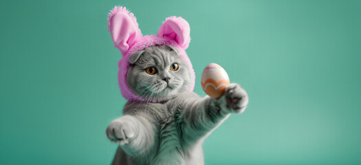 
grey british cat wearing easter bunny costume holds out an easter egg. on a pastel green studio background - obrazy, fototapety, plakaty