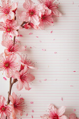 
lined paper blank sheet, writing page with spring beautiful flowers