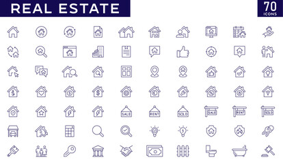 Real estate icons set with fully editable stroke thin line vector illustration with home loan, mortgage, realty property, rent, building, buy, sell, smart home, address, renovation, bedroom, family