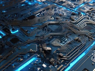 Tech Notes Unleashed: Circuit Board Melodies Illuminated in Electric Blues and Metal Hues