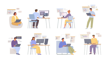 people IT programmers. technology professional corporate characters working, software development computers, script coding php, javascript languages concept. vector cartoon characters collection.