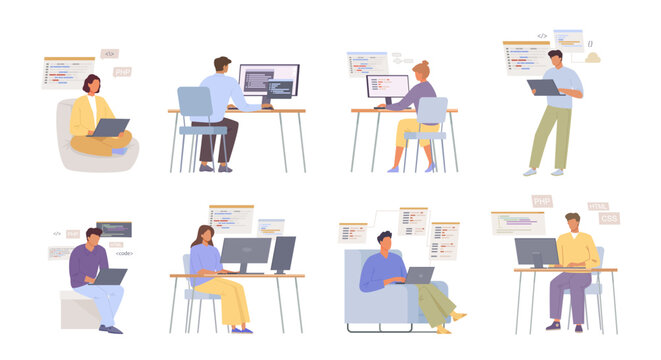 people IT programmers. technology professional corporate characters working, software development computers, script coding php, javascript languages concept. vector cartoon characters collection.