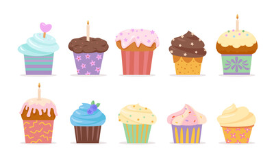 cartoon cupcakes. sweet yummy delicious cartoon muffins cupcakes collection, chocolate vanilla sugar cookies celebration attribuites. vector cartoon flat items set of isolated objects