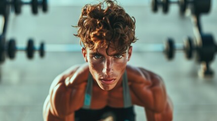 Headshot of young fit sporty muscular handsome caucasian redhead curly man with beautyful eyes and freckles in gym training - Powered by Adobe