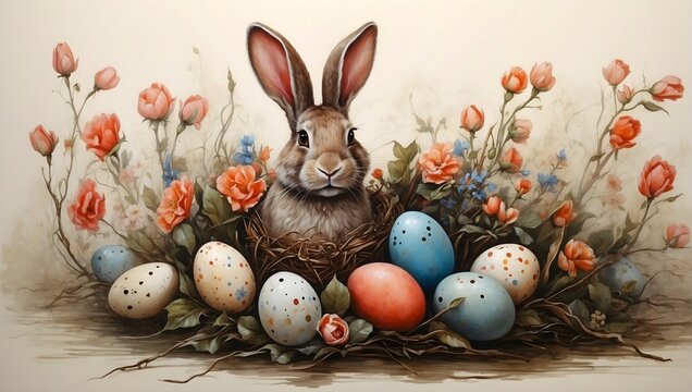 Hase im osterlichen Nest mit Bl&uuml;ten und bunten Eiern