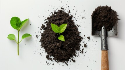 seedling, shovel and handful of earth on a white background.