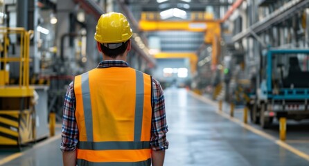 Back view of professional engineer manager man in a protective vest and helmet visits a factory.