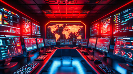 Futuristic technology control room with digital screens displaying global data, emphasizing the importance of advanced communication and surveillance systems