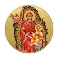 Orthodox traditional image of Burning bush. Golden christian medallion in Byzantine style on white background