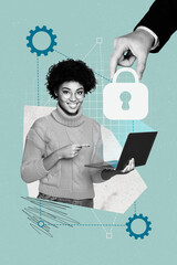 Vertical collage picture young standing woman pointing laptop antivirus protection shield hacking...
