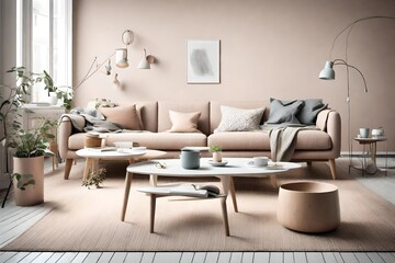 Fototapeta na wymiar Picture a serene Scandinavian-inspired living room with a comfortable sofa and coffee table, surrounded by muted pastel tones, and an empty wall offering a space for your creative expression.