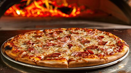 A sizzling pepperoni pizza, bubbling with golden cheese, straight out of the deck oven, ready to be enjoyed.