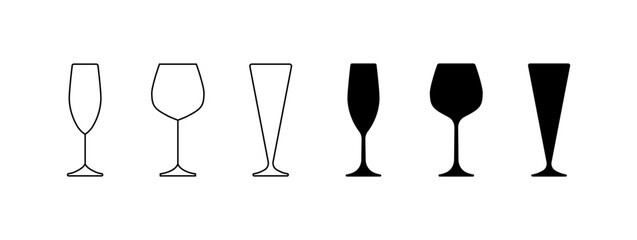 Glasses icons set. Linear and silhouette style. Vector icons