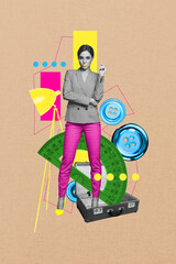 Creative poster collage of funny girl businesswoman career entrepreneur office workspace weird...