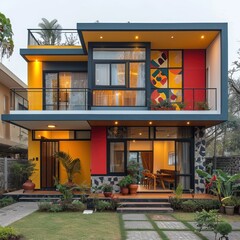 View of the building from the front with colorful house wall texture, colorful house concept, unique antique artistic housing, good for decoration, advertising, inspiration, etc. Generative Ai