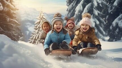 group of happy little kids sliding on sleds down snow hill in winter over forest background. copy space for text.