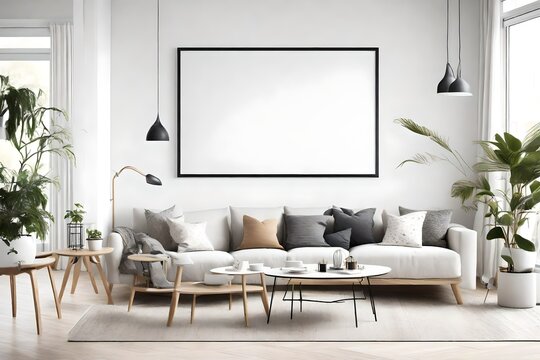 Immerse yourself in the simplicity of a Scandinavian-inspired living room, boasting clean lines, an empty wall mockup, and a white blank frame as a focal point.