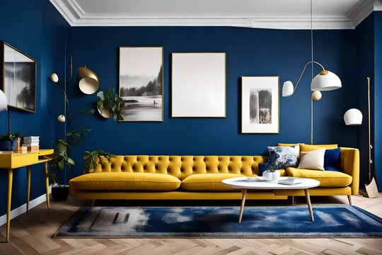 Scandinavian sophistication with a royal blue sofa and a white coffee table, complemented by an empty mustard yellow wall.