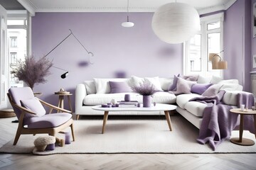 Inviting living room in white and soft lavender tones, showcasing modern Nordic furniture and natural textures.
