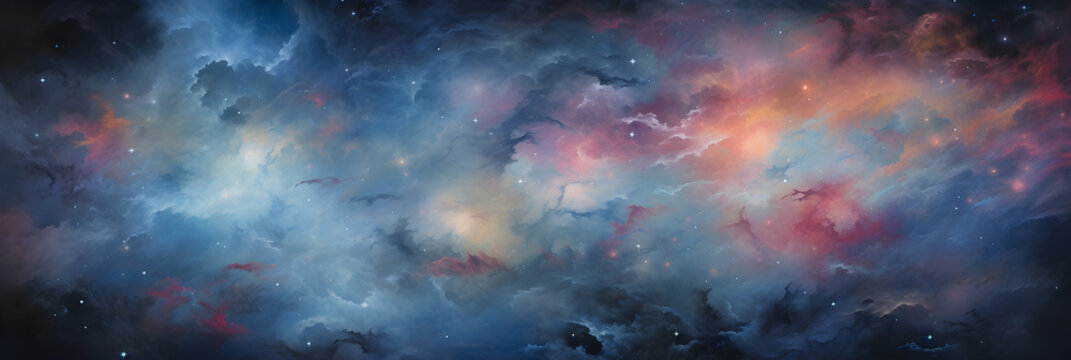 Alluring Ether Cloud Formations in the Vast Cosmos - Vibrant Hues Against a Cosmic Backdrop
