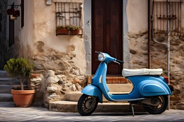 Quirky blue scooter parked in the heart of a small Italian town, adding a touch of character to the rustic surroundings and traditional architecture