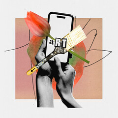 Poster. Contemporary art collage. Hands holding smartphone with paintbrush and word Art on screen...