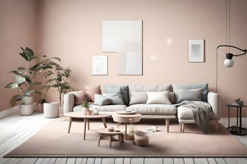 Visualize a harmonious Scandinavian interior with a sleek sofa and coffee table, a palette of soft pastel colors, and an empty wall inviting you to customize and personalize.