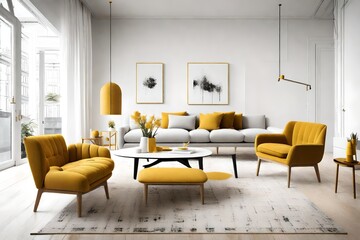 Minimalist living room with touches of mustard yellow, capturing the essence of Scandinavian design in a clean palette.