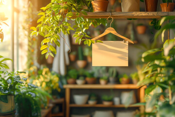 Empty cardboard label with space for your text hanging on wooden hanger against blurred sustainable shop interior with plants. Circular fashion, eco friendly sustainable shopping, thrifty shop concept