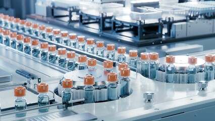 Vaccine Production Facility. Medication Manufacturing Process. Glass Vials with Orange Caps on...