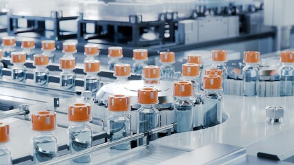Close-up of Medical Glass Vials with Orange Caps on Conveyor Belt. Vaccine Production Facility....