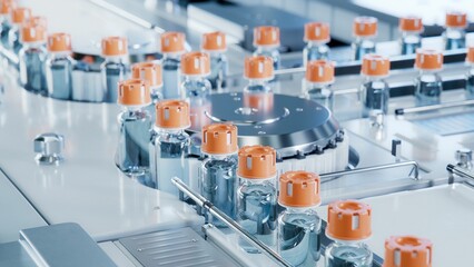 Rows of Glass Vials with Orange Caps on Conveyor Belt at Modern Pharmaceutical Factory. Vaccine...