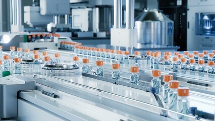 Advanced Bright Modern Pharmaceutical Factory. Medical Ampoule Production Line. Rows of Glass Vials...
