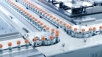 Medication Manufacturing Process. Glass Vials with Orange Caps on Conveyor Belt. Medical Ampoule...