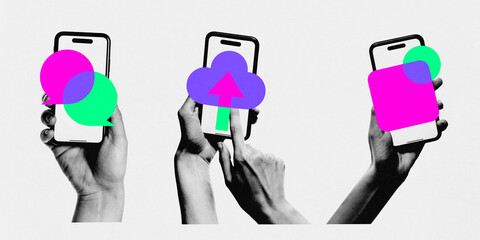 Contemporary art collage. Three hands holding smartphones, each with different graphic elements...