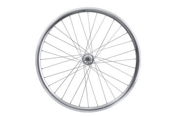 Photo of a chrome bicycle wheel. Spare parts for transport