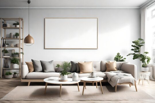 Discover the epitome of modern living in this room, boasting a Scandinavian-style sofa, an empty wall mockup, and a white blank frame inviting you to personalize your space.