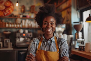 Portrait of a black beautiful girl barista in an apron in a modern cafe bar. Startup successful small business owner, beautiful woman, standing in a cafe restaurant. Business concept. - obrazy, fototapety, plakaty