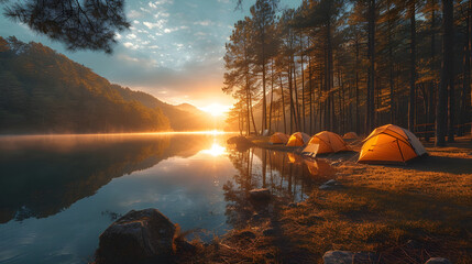 Camping by the lake at sunset and in the morning